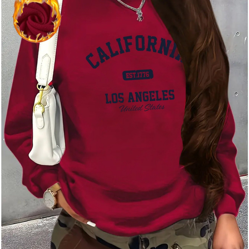 Moteriški Kalifornijos motyvo flisinis džemperis, užsakytas modelis, laisvas siluetas, apvalus kaklo iškirptė, poliesteris