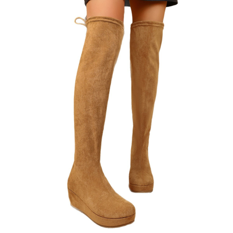 Μπότες πάνω από το γόνατο από σουέτ, με ψηλό ύψος, χοντρό τακούνι 3–5 εκ, στρογγυλή μύτη