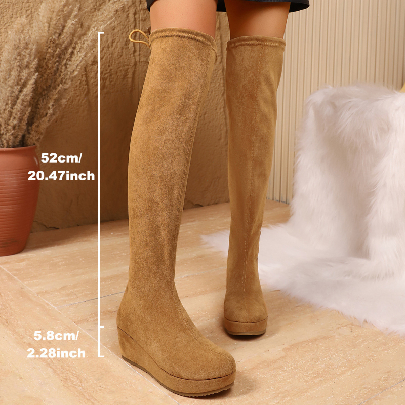 Μπότες πάνω από το γόνατο από σουέτ, με ψηλό ύψος, χοντρό τακούνι 3–5 εκ, στρογγυλή μύτη