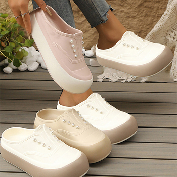 Női zárt orrú slip-on szandál, vászon felsőrésszel, 3–5 cm vastag talp, kényelmes nyári stílus