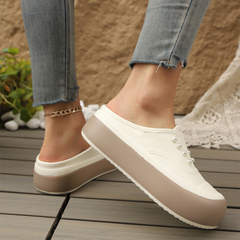 Női zárt orrú slip-on szandál, vászon felsőrésszel, 3–5 cm vastag talp, kényelmes nyári stílus