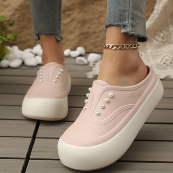 Női zárt orrú slip-on szandál, vászon felsőrésszel, 3–5 cm vastag talp, kényelmes nyári stílus