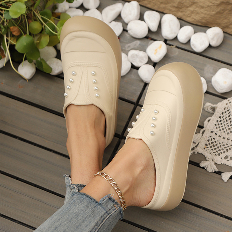 Női zárt orrú slip-on szandál, vászon felsőrésszel, 3–5 cm vastag talp, kényelmes nyári stílus