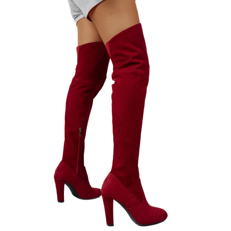 Moteriški velūro virš kelių bateliai su smailiu pirštu, aukštas platų kulnas 6–8 cm, šoninis užtrauktukas, Europos–Amerikos stilius