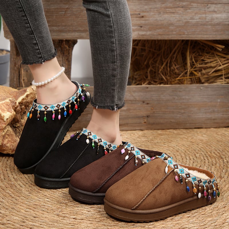 Velūra ziemas mule kurpes ar gumijas zoli, apaļa purngala, pūkaina odere, 2025 rudens