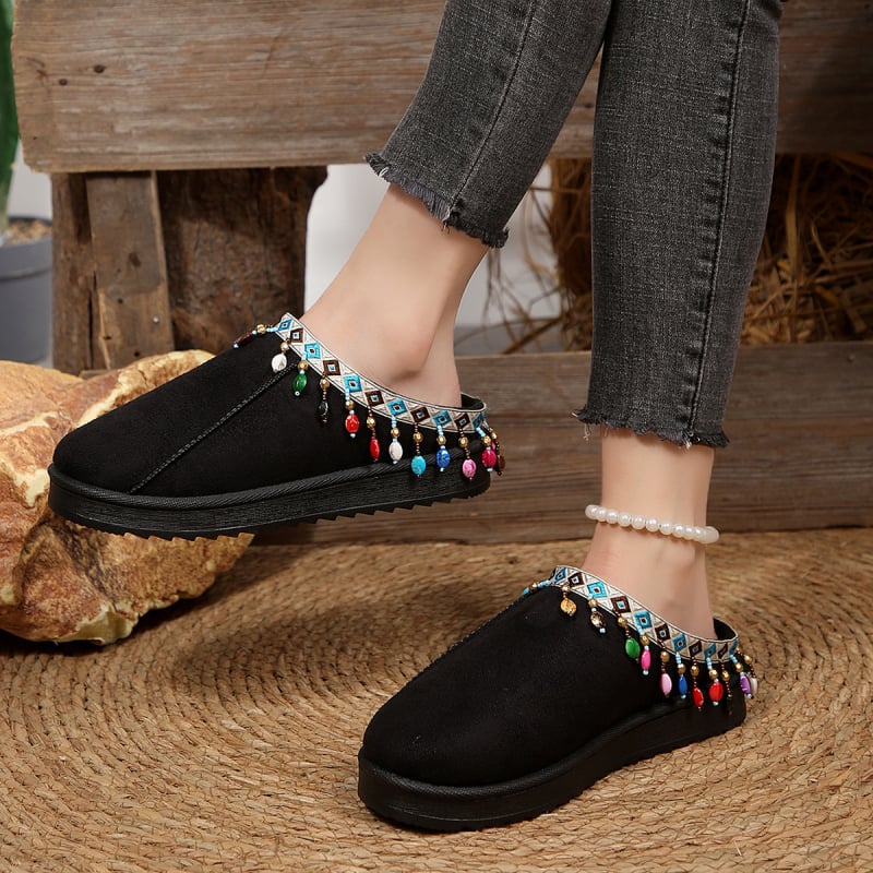 Velūra ziemas mule kurpes ar gumijas zoli, apaļa purngala, pūkaina odere, 2025 rudens