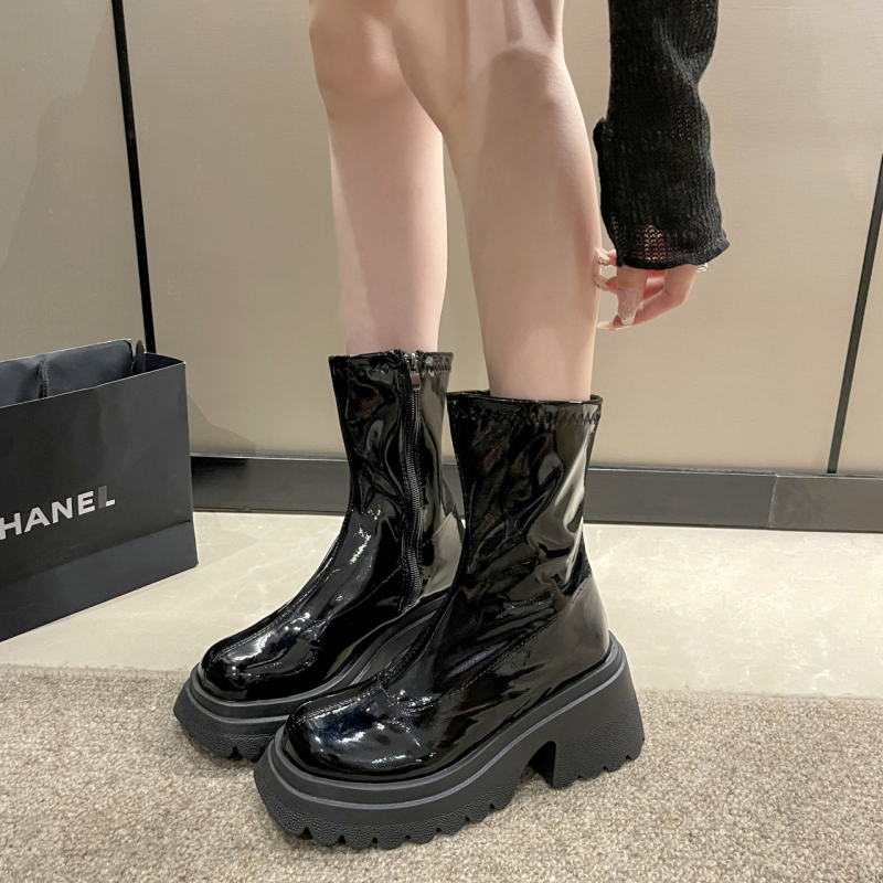 Sieviešu Slim zābaki, Korejiešu stila, augsts kāju augums, apaļa purngala, biezi papēdis, sāns rāvējslēdzējs