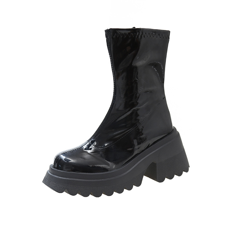 Sieviešu Slim zābaki, Korejiešu stila, augsts kāju augums, apaļa purngala, biezi papēdis, sāns rāvējslēdzējs