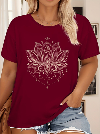Дамска памучна тениска с принт на лотос, кръгло деколте, къс ръкав (памук ≥95%, принт на лотос, кръгло деколте, къс ръкав)