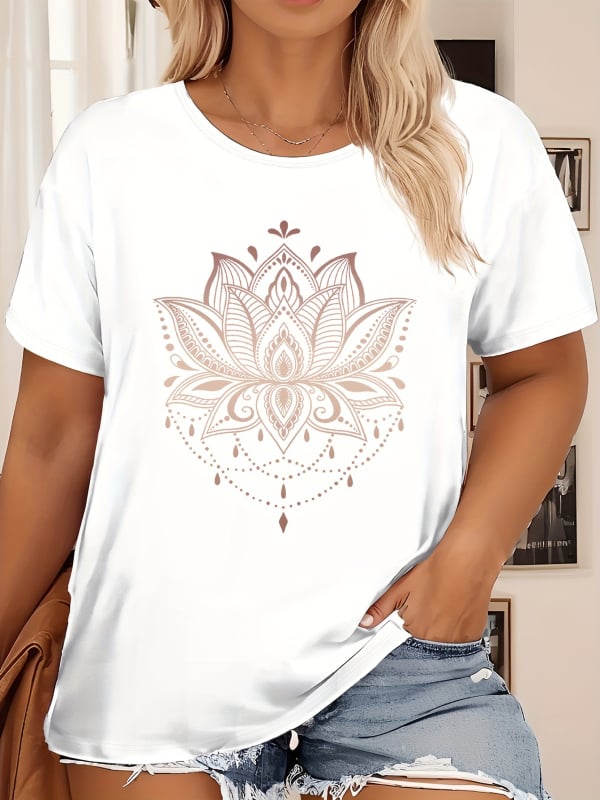 Sieviešu kokvilnas T-krekls ar lotusa zīmējumu, apaļš kakls, īsas piedurknes (kokvilna ≥95%, lotusa zīmējums, apaļš kakls, īsas piedurknes)