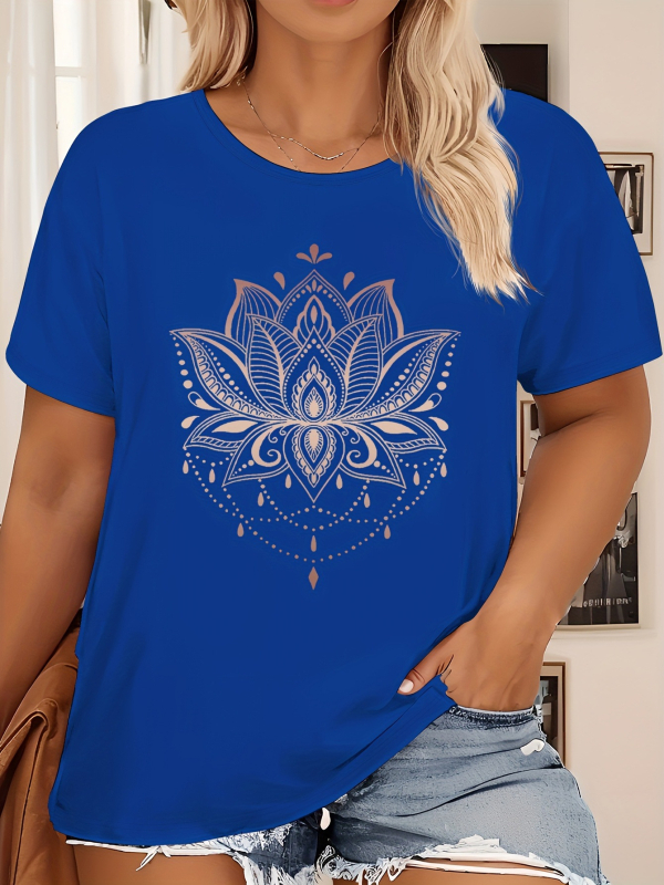 Sieviešu kokvilnas T-krekls ar lotusa zīmējumu, apaļš kakls, īsas piedurknes (kokvilna ≥95%, lotusa zīmējums, apaļš kakls, īsas piedurknes)
