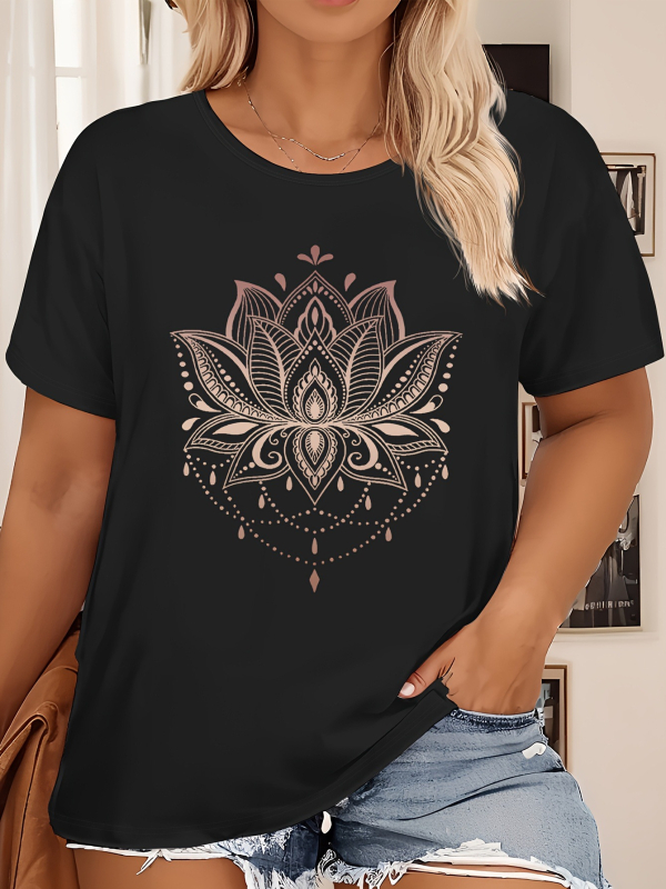 Sieviešu kokvilnas T-krekls ar lotusa zīmējumu, apaļš kakls, īsas piedurknes (kokvilna ≥95%, lotusa zīmējums, apaļš kakls, īsas piedurknes)