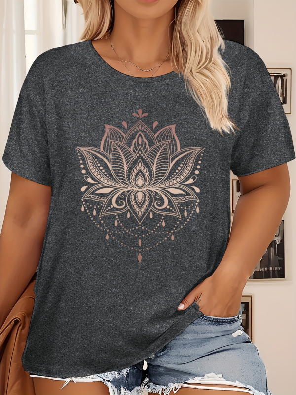 Sieviešu kokvilnas T-krekls ar lotusa zīmējumu, apaļš kakls, īsas piedurknes (kokvilna ≥95%, lotusa zīmējums, apaļš kakls, īsas piedurknes)