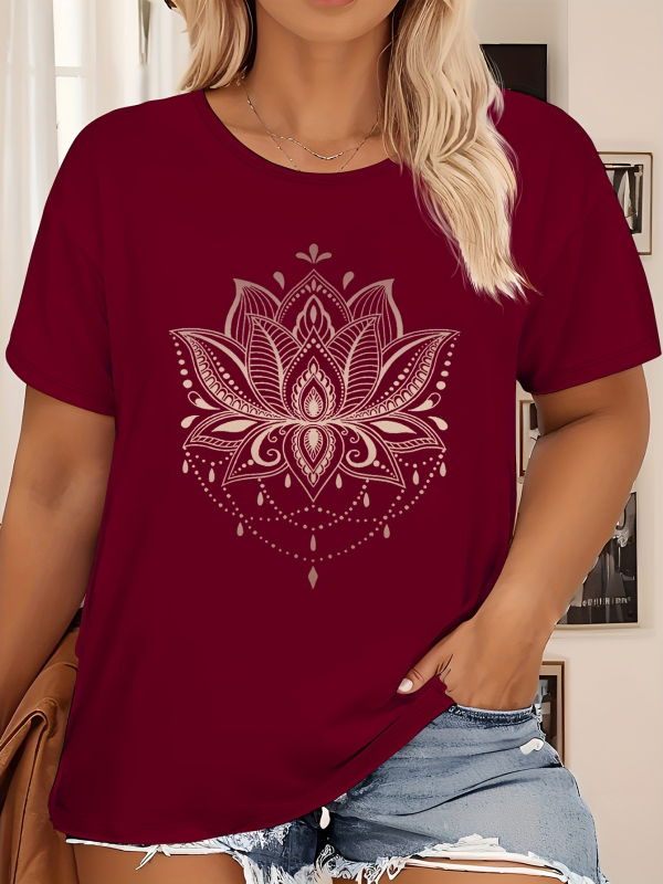Sieviešu kokvilnas T-krekls ar lotusa zīmējumu, apaļš kakls, īsas piedurknes (kokvilna ≥95%, lotusa zīmējums, apaļš kakls, īsas piedurknes)