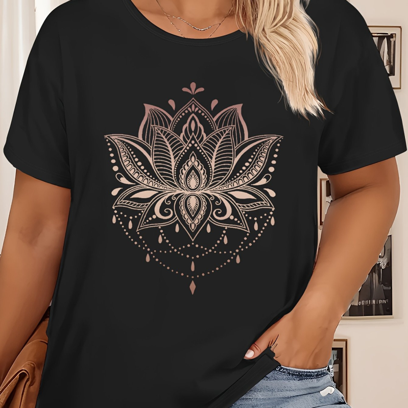 Sieviešu kokvilnas T-krekls ar lotusa zīmējumu, apaļš kakls, īsas piedurknes (kokvilna ≥95%, lotusa zīmējums, apaļš kakls, īsas piedurknes)