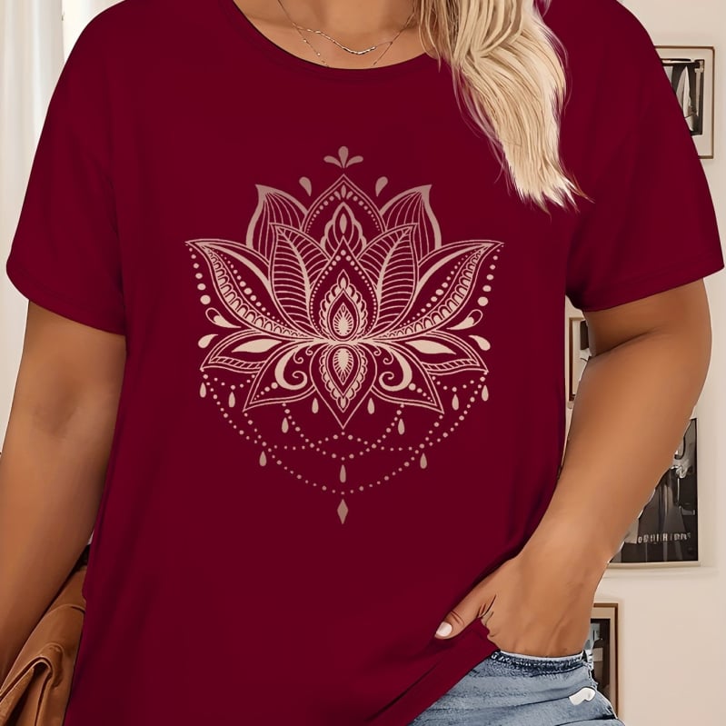 Sieviešu kokvilnas T-krekls ar lotusa zīmējumu, apaļš kakls, īsas piedurknes (kokvilna ≥95%, lotusa zīmējums, apaļš kakls, īsas piedurknes)