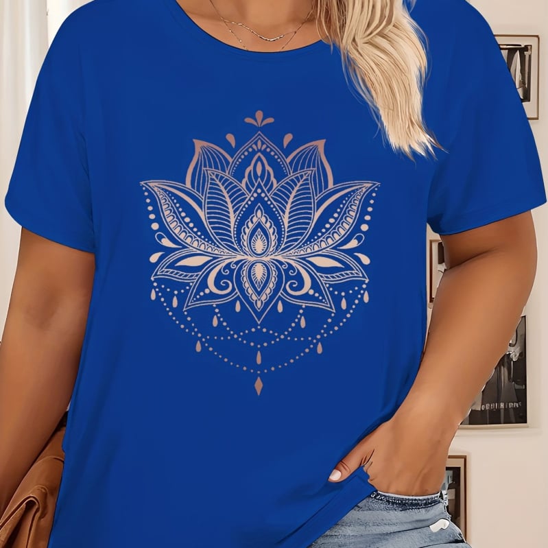 Sieviešu kokvilnas T-krekls ar lotusa zīmējumu, apaļš kakls, īsas piedurknes (kokvilna ≥95%, lotusa zīmējums, apaļš kakls, īsas piedurknes)