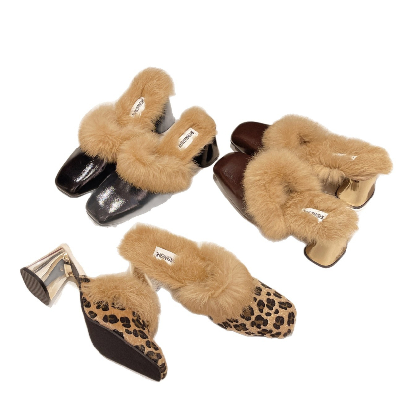 Sieviešu pūkainas mule kurpes, PU augšējā daļa, gumijas zole, apaļš purns, ikdienas stils, trīs sezonu nēsāšanai, modelis matcha & W88