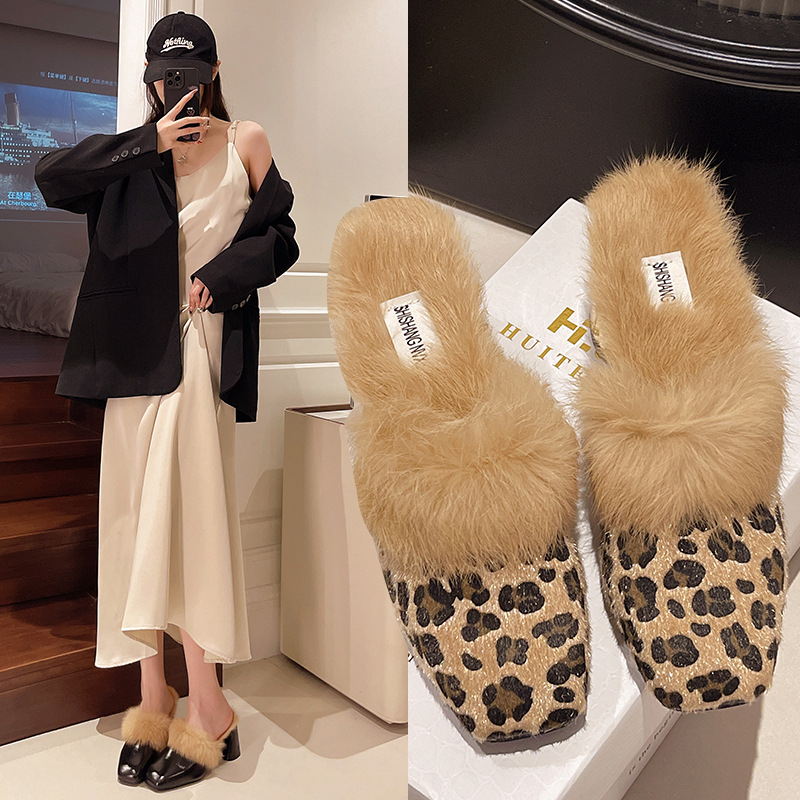 Sieviešu pūkainas mule kurpes, PU augšējā daļa, gumijas zole, apaļš purns, ikdienas stils, trīs sezonu nēsāšanai, modelis matcha & W88