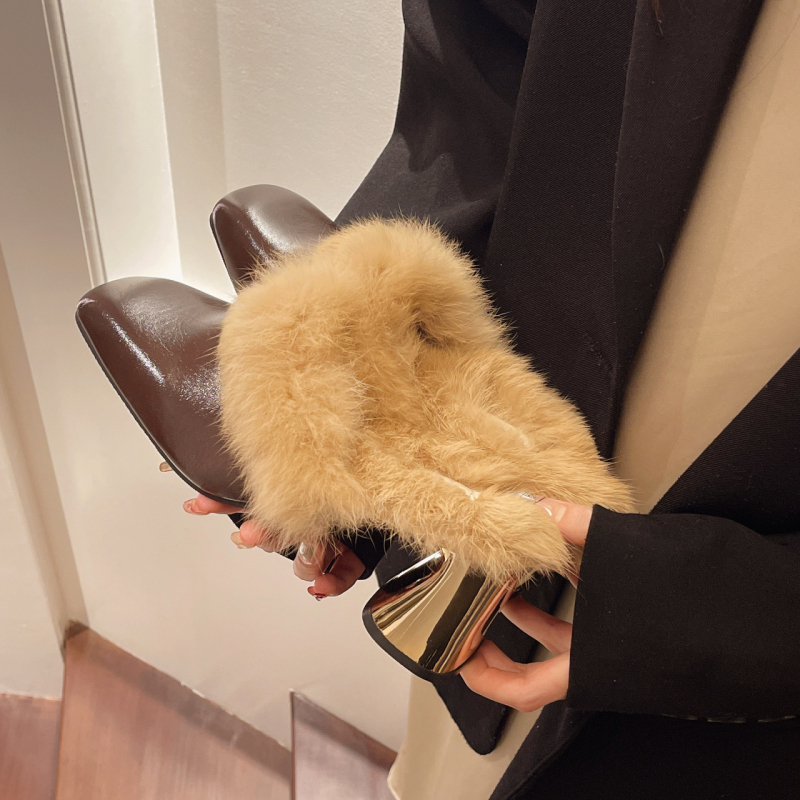 Sieviešu pūkainas mule kurpes, PU augšējā daļa, gumijas zole, apaļš purns, ikdienas stils, trīs sezonu nēsāšanai, modelis matcha & W88