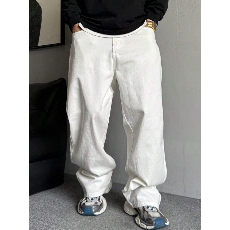 Vyriniai džinsai iš denimo, laisvo kirpimo, plačios kojų dalys, ilgi, su fliso pamušalu ir raištelių užsegimu