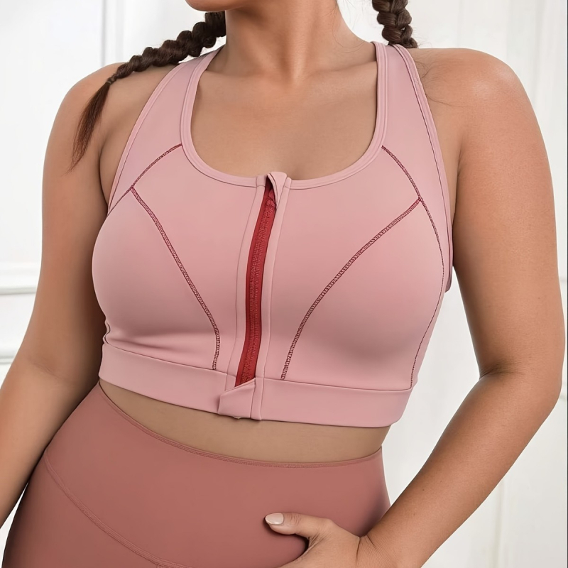 Sportski top s blok dizajnom i zatvaračem, odvojive jastučiće za prsa, materijal poliester-spandeks, krušni dizajn košarica, univerzalni kroj