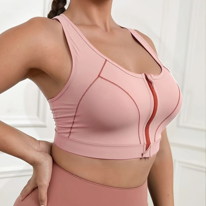 Sportski top s blok dizajnom i zatvaračem, odvojive jastučiće za prsa, materijal poliester-spandeks, krušni dizajn košarica, univerzalni kroj