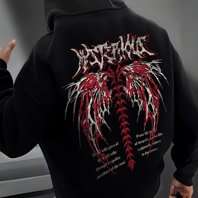 Džemperis su gobtuvu su priekine ir nugarine skeletinių raidžių spauda, ilgomis rankovėmis, ultra trumpas ilgis (≤40 cm), poliesteris