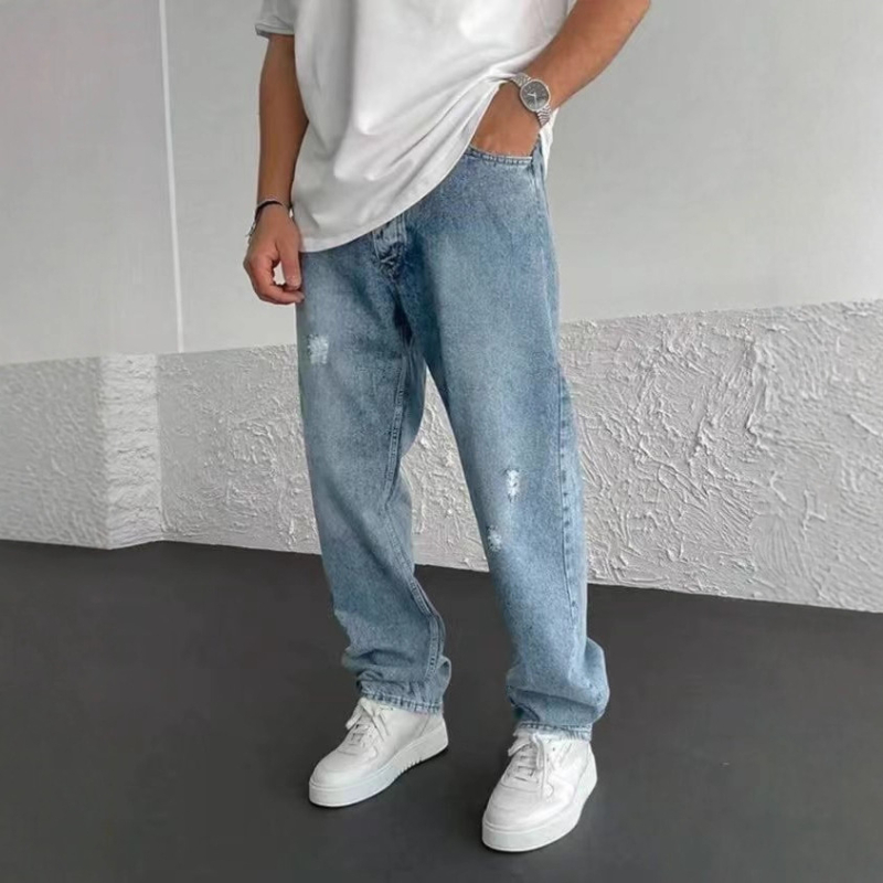 NK390 Ανδρικά τζίν Slim Fit με γδαρμένες λεπτομέρειες, μεσαία μέση, φερμουάρ, 70% βαμβάκι