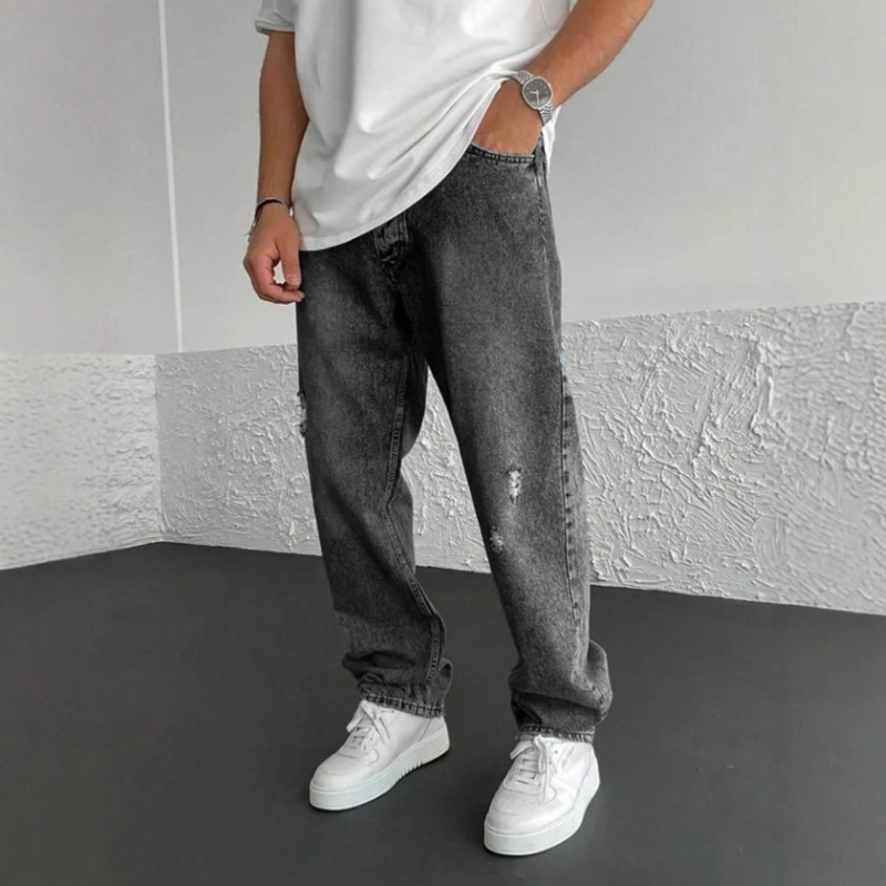 NK390 Ανδρικά τζίν Slim Fit με γδαρμένες λεπτομέρειες, μεσαία μέση, φερμουάρ, 70% βαμβάκι