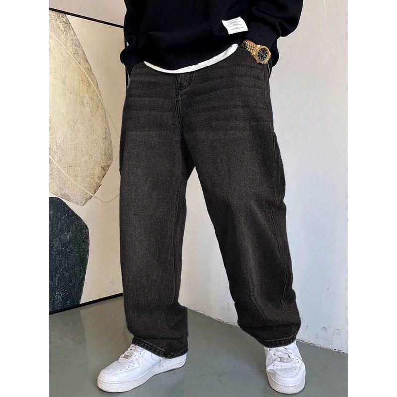 Ανδρικά τζιν ιαπωνικού στυλ, πλυμένα με νερό, χαλαρή ευθεία γραμμή, φλίς επένδυση, με διπλή μέση