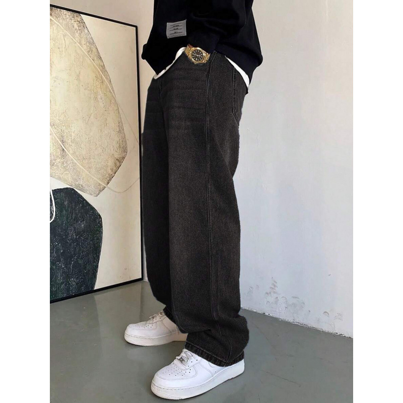 Ανδρικά τζιν ιαπωνικού στυλ, πλυμένα με νερό, χαλαρή ευθεία γραμμή, φλίς επένδυση, με διπλή μέση