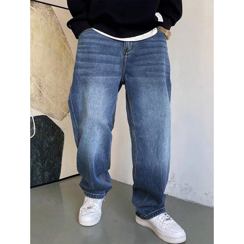 Ανδρικά τζιν ιαπωνικού στυλ, πλυμένα με νερό, χαλαρή ευθεία γραμμή, φλίς επένδυση, με διπλή μέση