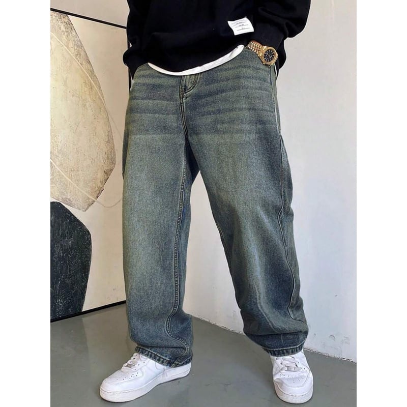 Ανδρικά τζιν ιαπωνικού στυλ, πλυμένα με νερό, χαλαρή ευθεία γραμμή, φλίς επένδυση, με διπλή μέση