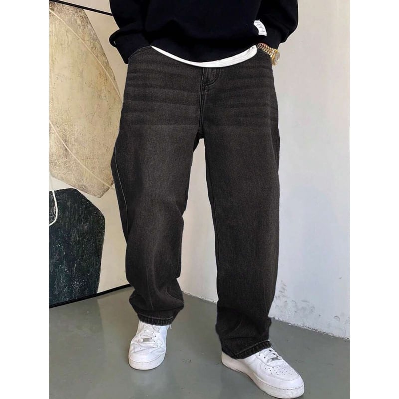 Ανδρικά τζιν ιαπωνικού στυλ, πλυμένα με νερό, χαλαρή ευθεία γραμμή, φλίς επένδυση, με διπλή μέση