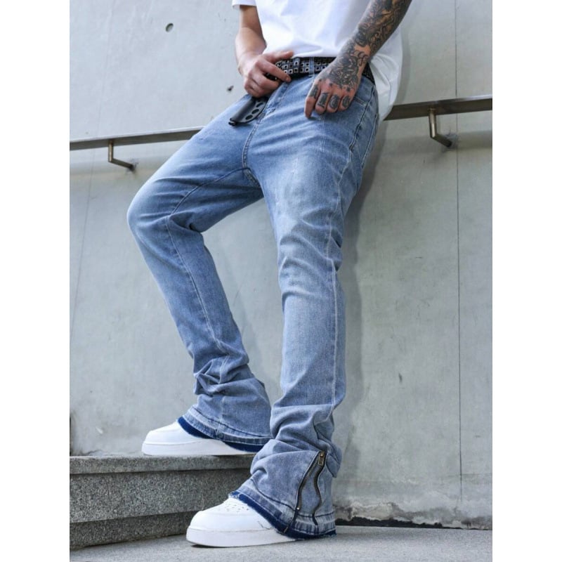 Ανδρικά τζιν με φερμουάρ, ίσιο κόψιμο, επενδυμένα με φλίς, κλείσιμο με κορδόνι, ανάμειξη πολυεστέρα