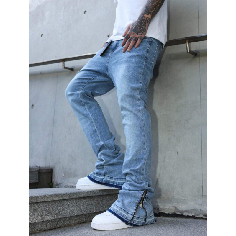 Ανδρικά τζιν με φερμουάρ, ίσιο κόψιμο, επενδυμένα με φλίς, κλείσιμο με κορδόνι, ανάμειξη πολυεστέρα