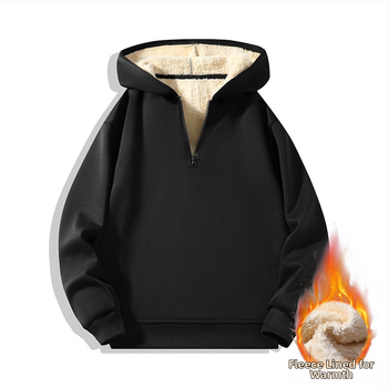 Ανδρικό φλις επενδυμένο φούτερ με κουκούλα και μισό φερμουάρ, μακριά μανίκια, μονόχρωμο, ιαπωνικό ρετρό στυλ