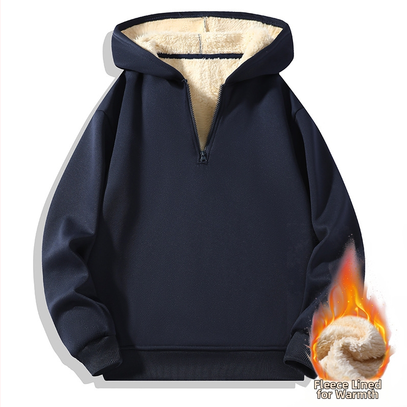 Vyrinis džemperis su gobtuvu ir pusės užtrauktuku, vidinis flisas pamušalas, ilgomis rankovėmis, vienos spalvos, japonų retro stilius