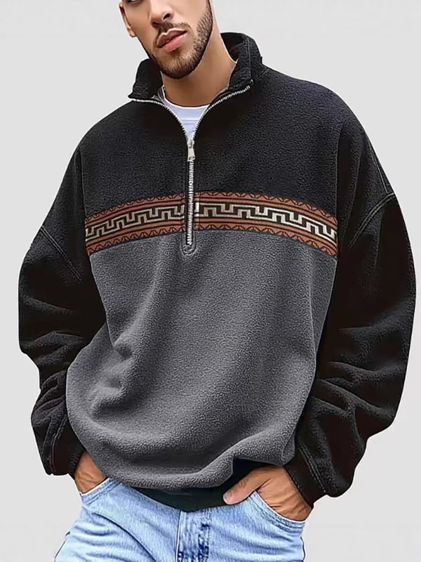 Patchwork džemperis su užtrauktuku, stovinčio kaklo, ilgos rankovės, Europos retro stilius, laisvas kirpimas