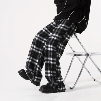 Αθλητικά παντελόνια καθημερινά, φαρδιά γραμμή, καρό μοτίβο, μεσαία μέση με κορδόνι, μακριά ίσια παντελόνια, ανάμικτος ύφασμα πολυεστέρα