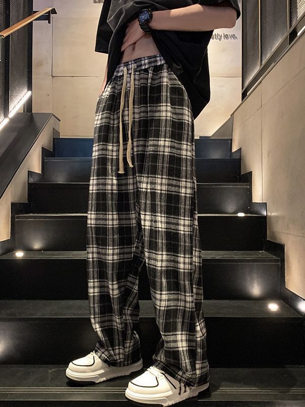 Kasdienės sportinės kelnės, laisvas kirpimas, languotas raštas, vidurio juosmens su raišteliu, ilgos kelnės, poliesterio pluošto mišinys