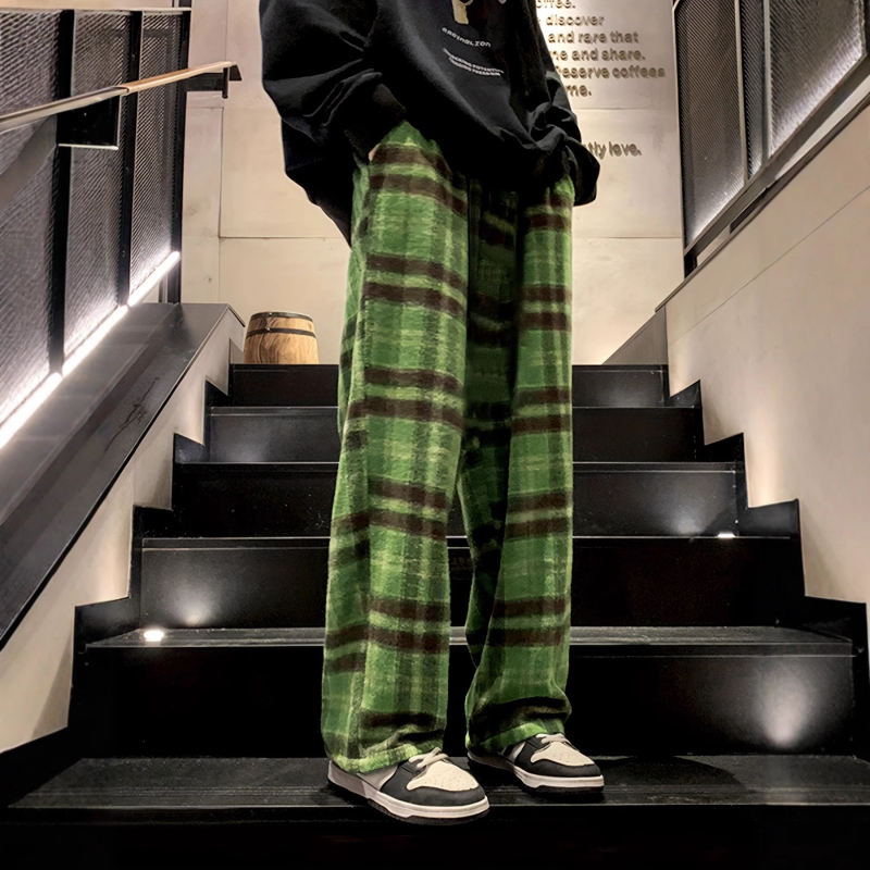 Kasdienės sportinės kelnės, laisvas kirpimas, languotas raštas, vidurio juosmens su raišteliu, ilgos kelnės, poliesterio pluošto mišinys