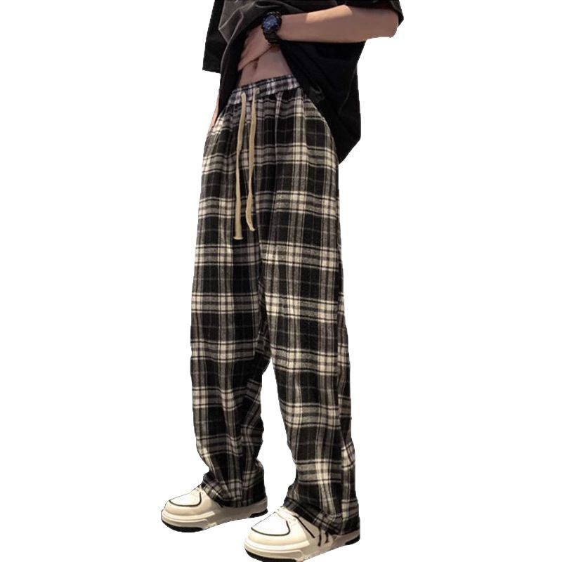 Kasdienės sportinės kelnės, laisvas kirpimas, languotas raštas, vidurio juosmens su raišteliu, ilgos kelnės, poliesterio pluošto mišinys