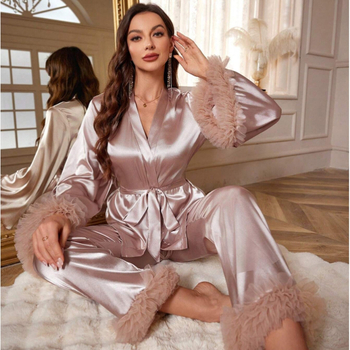 Satininis namų aprangos komplektas, prancūziškas stilius, ilgos rankovės, ilgos kelnės, poliesteris 95–100%