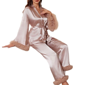 Σετ πιτζάμες από σατέν, Γαλλικού στυλ, μακριά μανίκια, μακριά παντελόνια, πολυεστέρας 95–100%