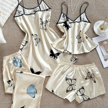 Σετ πιτζάμας από συνθετικό μετάξι – Ευρωπαϊκό και Αμερικανικό στυλ, V-λαιμό, χωρίς μανίκια, κοντό παντελόνι, πολύ λεπτό βάρος 81–100 g/m²