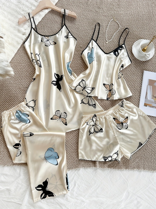 Imitācijas zīda pidžamu komplekts – Eiropas un Amerikas stils, V-veida kakls, bez piedurknēm, īsās bikses, ultra plāns audums 81–100 g/m²