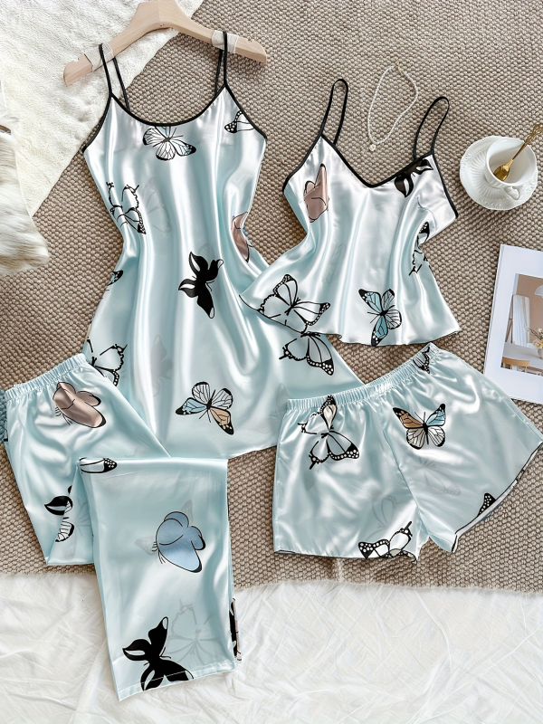 Imitācijas zīda pidžamu komplekts – Eiropas un Amerikas stils, V-veida kakls, bez piedurknēm, īsās bikses, ultra plāns audums 81–100 g/m²