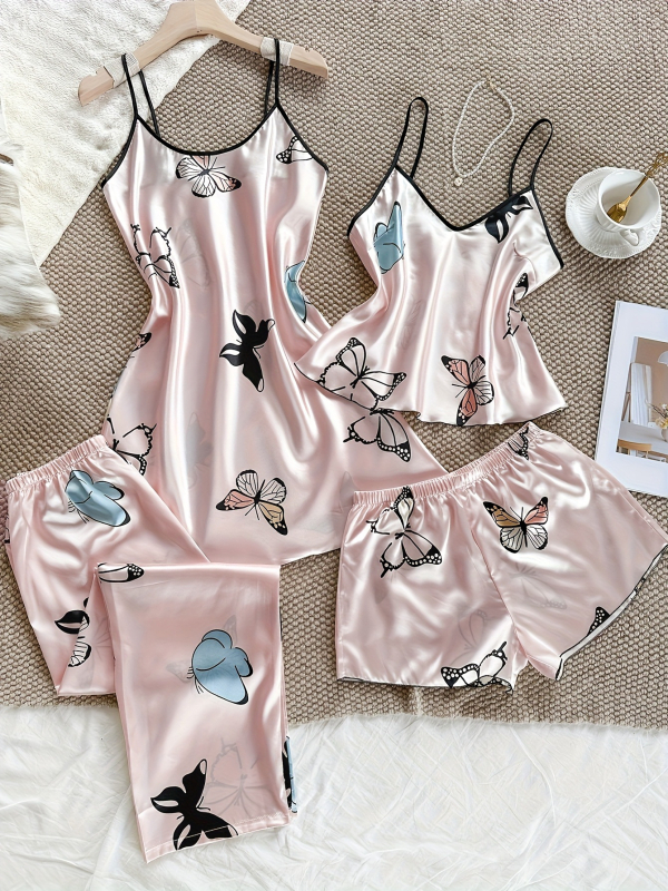 Imitācijas zīda pidžamu komplekts – Eiropas un Amerikas stils, V-veida kakls, bez piedurknēm, īsās bikses, ultra plāns audums 81–100 g/m²